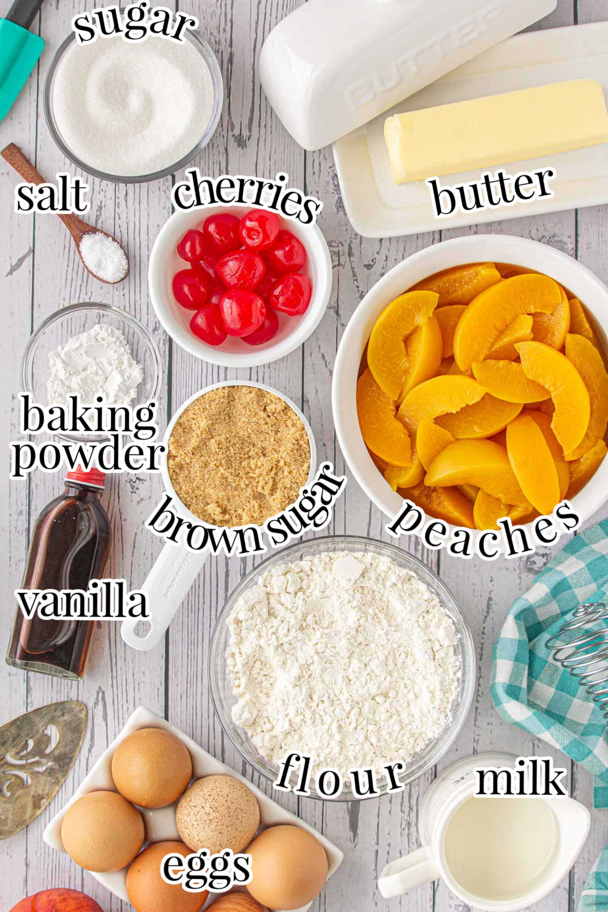 Labeled ingredients for glazed peach upside down cake.
