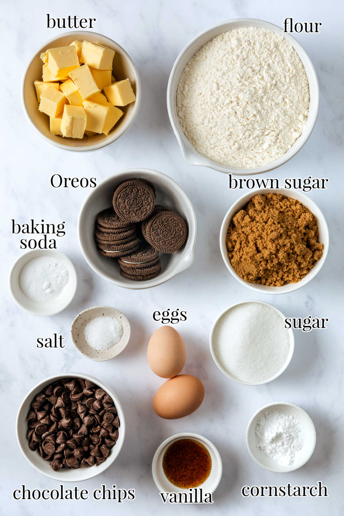 Labeled ingredients for the cookies and cream cookies.