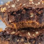 Caramel fudge brownies pin for pinterest with title text overlay.