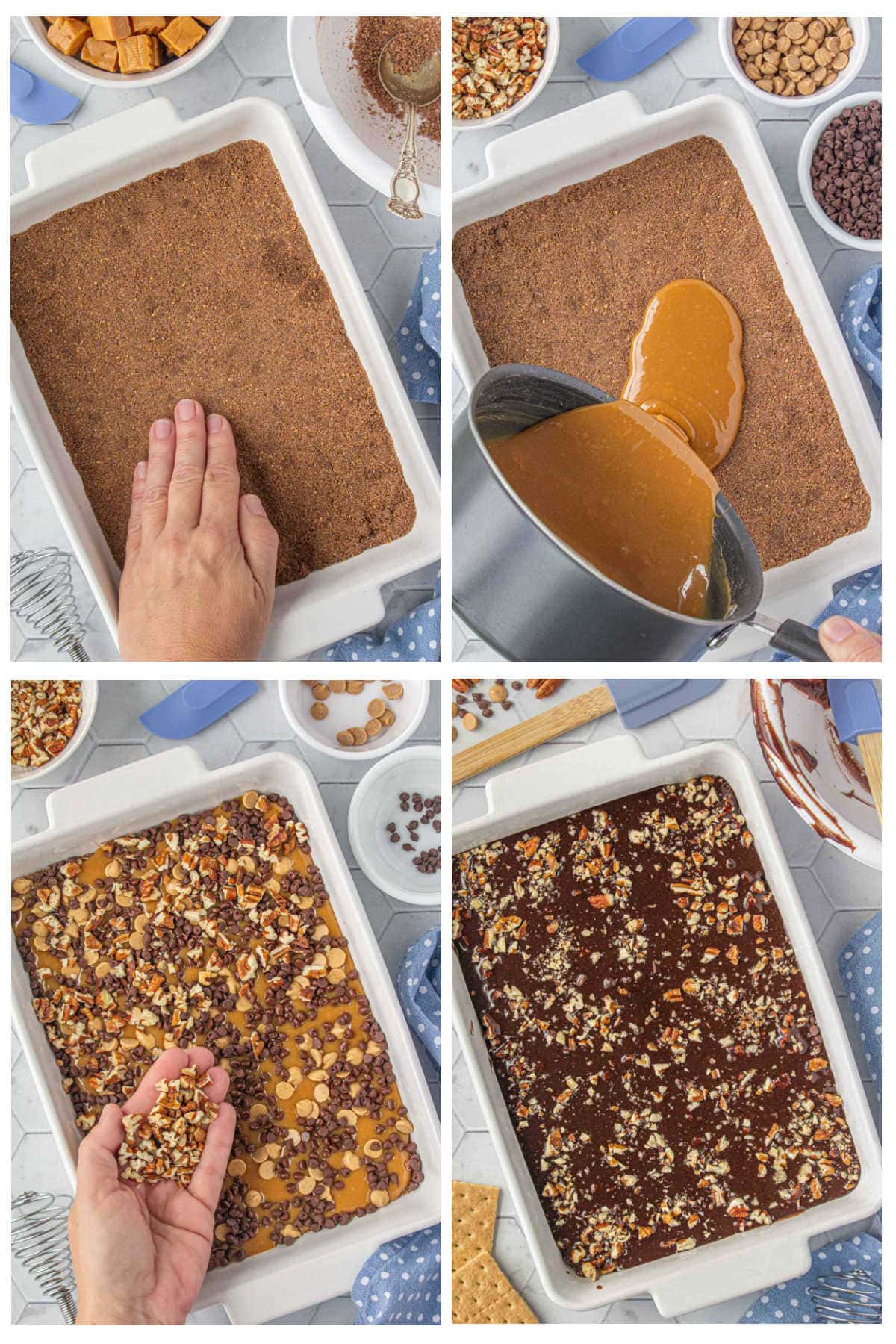 Steps for making caramel graham fudge brownies: pat in the graham crumb mixture. Pour over the melted caramels. Add pecans and chocolate chips. Add brownie mix and more pecans.