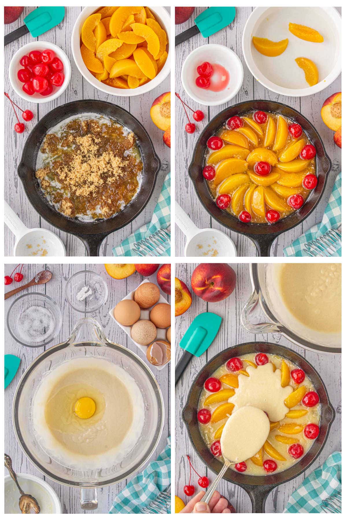 Collage of steps showing how to make peach upside-down cake in a cast iron skillet. 1) sugar and butter melting in a skillet. 2)Peaches and cherries arranged on top of the sugar mixture. 3) An egg being mixed into the cake batter. 4) The cake batter being poured over the peaches in the skillet.