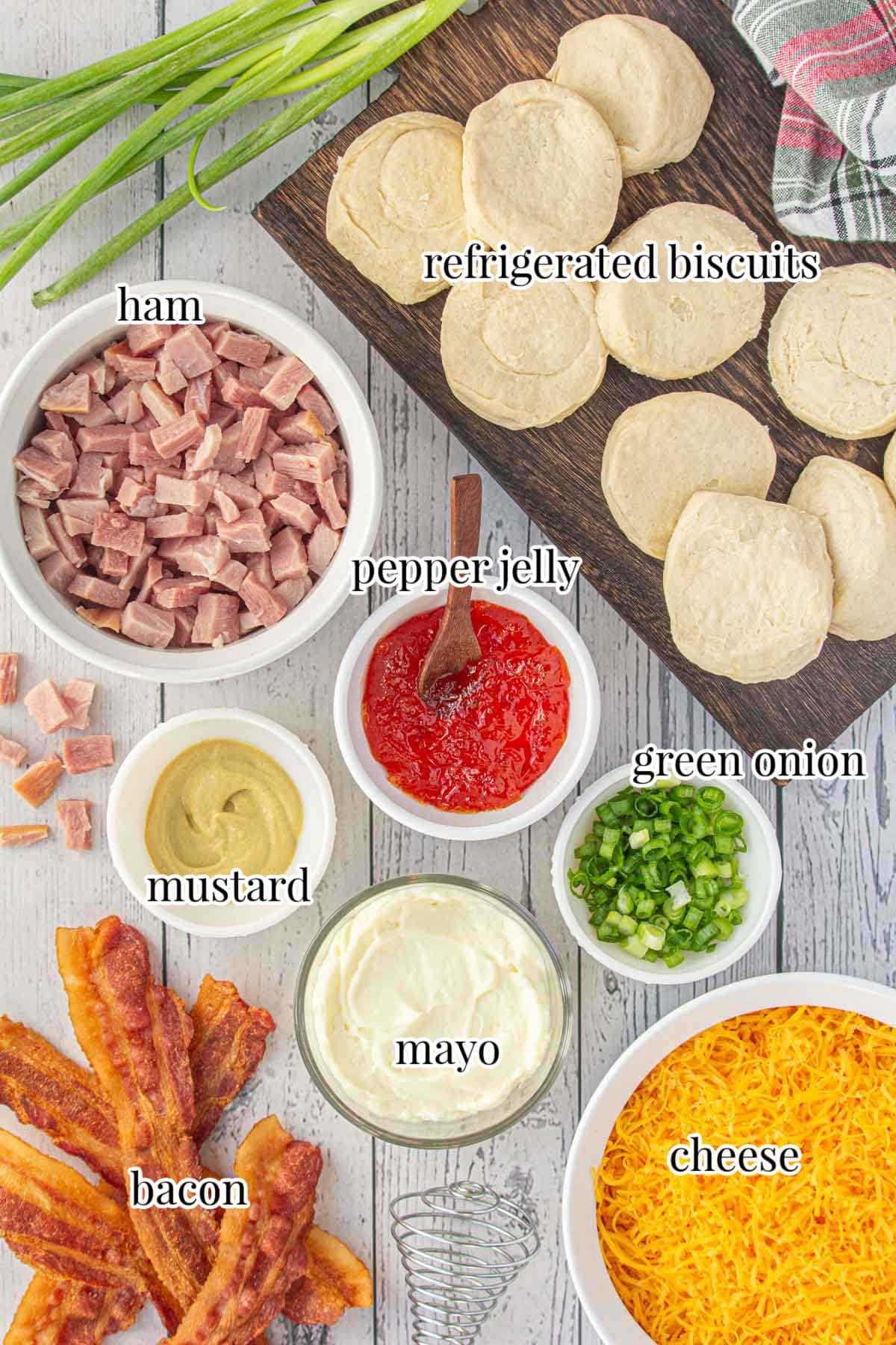 Labeled ingredients for Cheddar Ham Cups