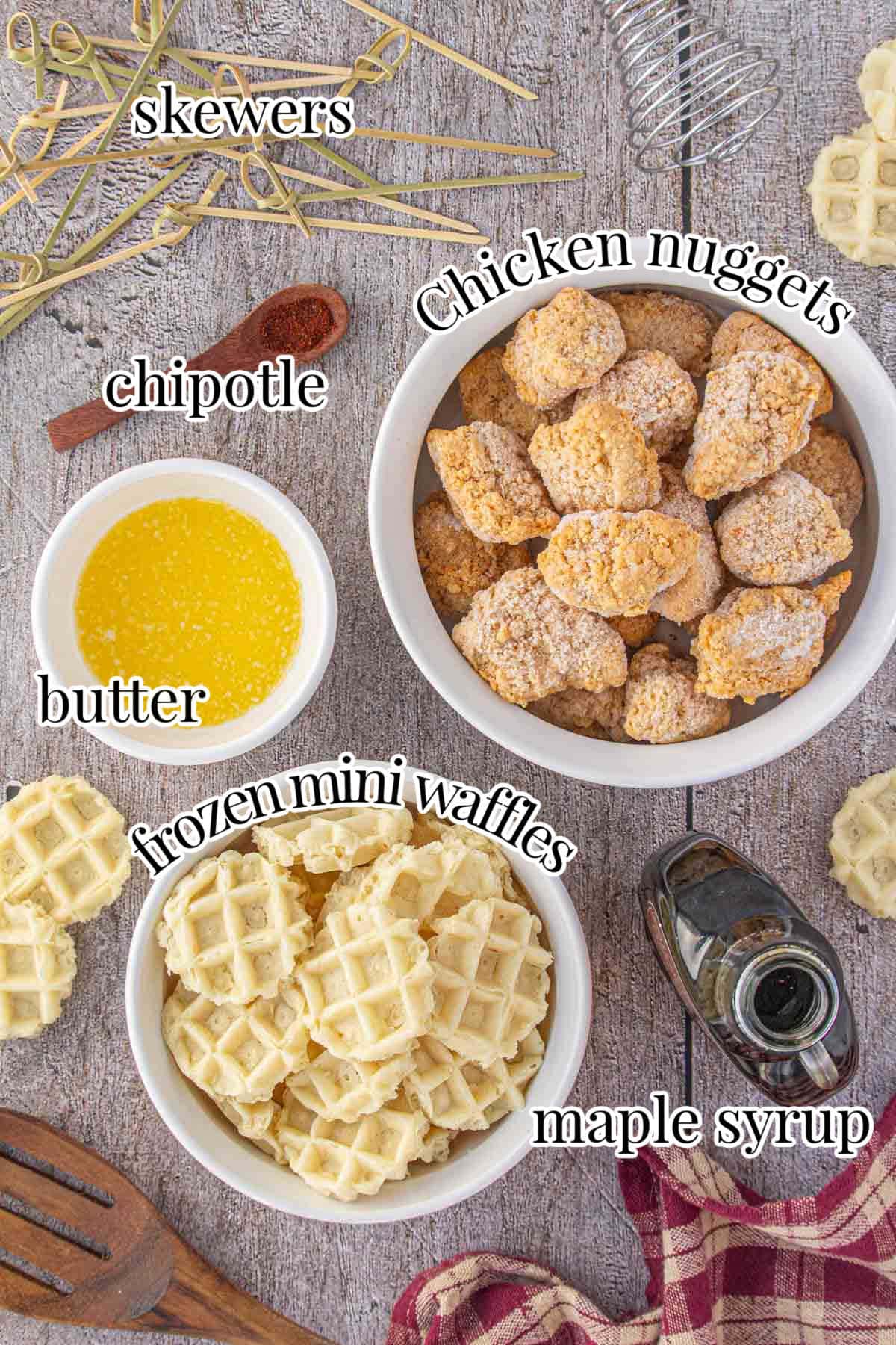Labeled ingredients for party chicken and waffle bites.