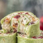 Closeup of cranberry pinwheel appetizers showing the filling.