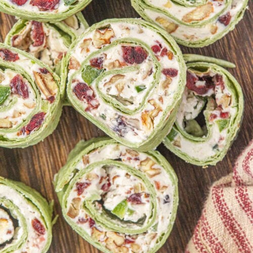 Overhead view of Christmas cranberry pinwheel appetizers for feature image.