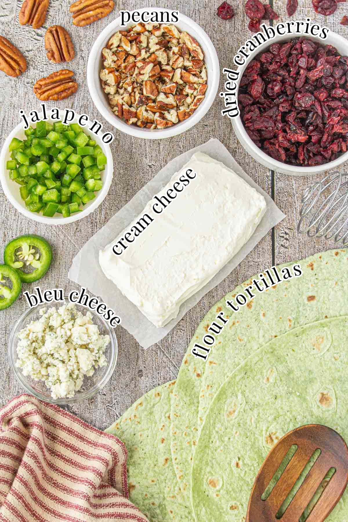 Labeled ingredients for cranberry pinwheel appetizers.