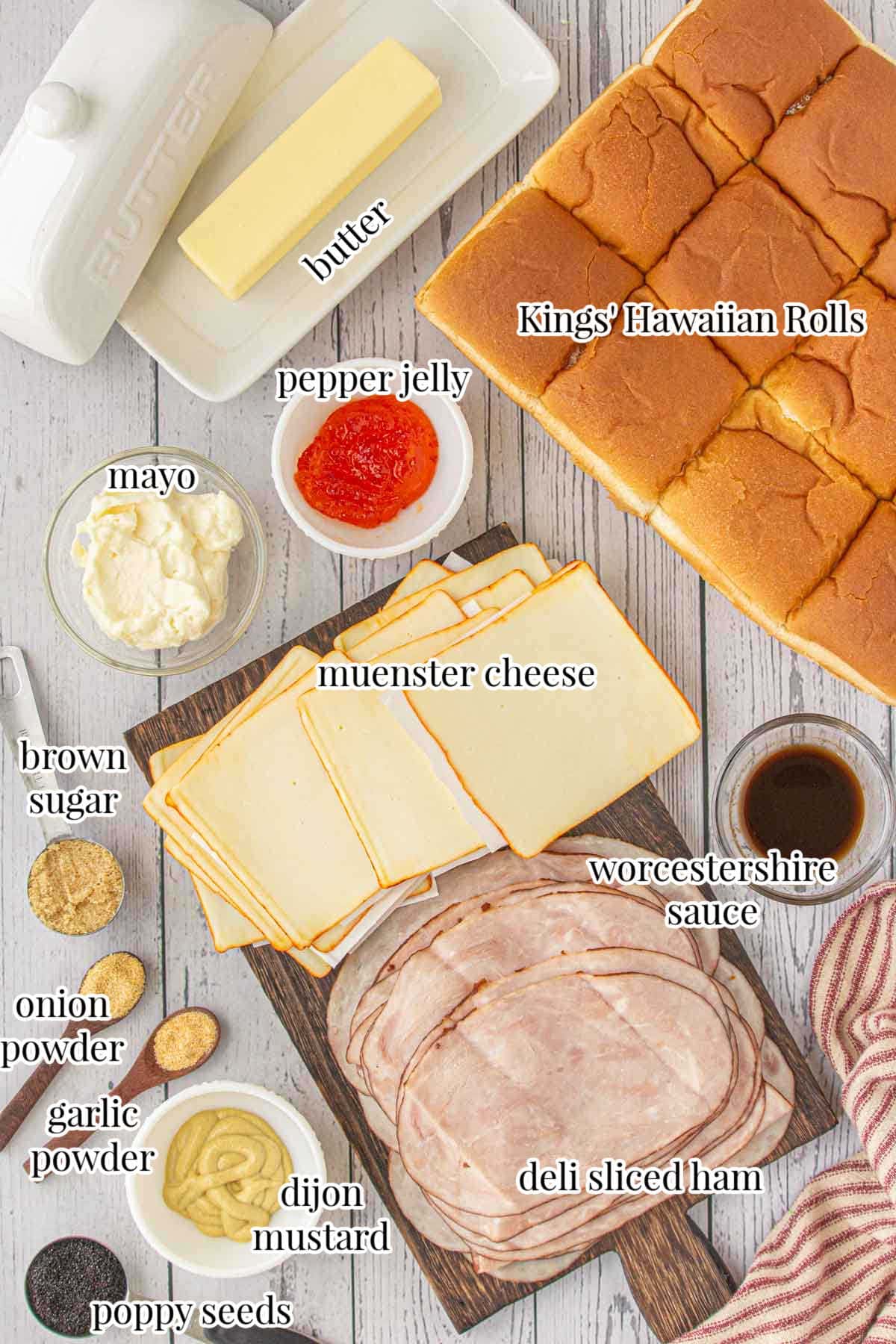 Labeled ingredients for ham and muenster cheese sliders.