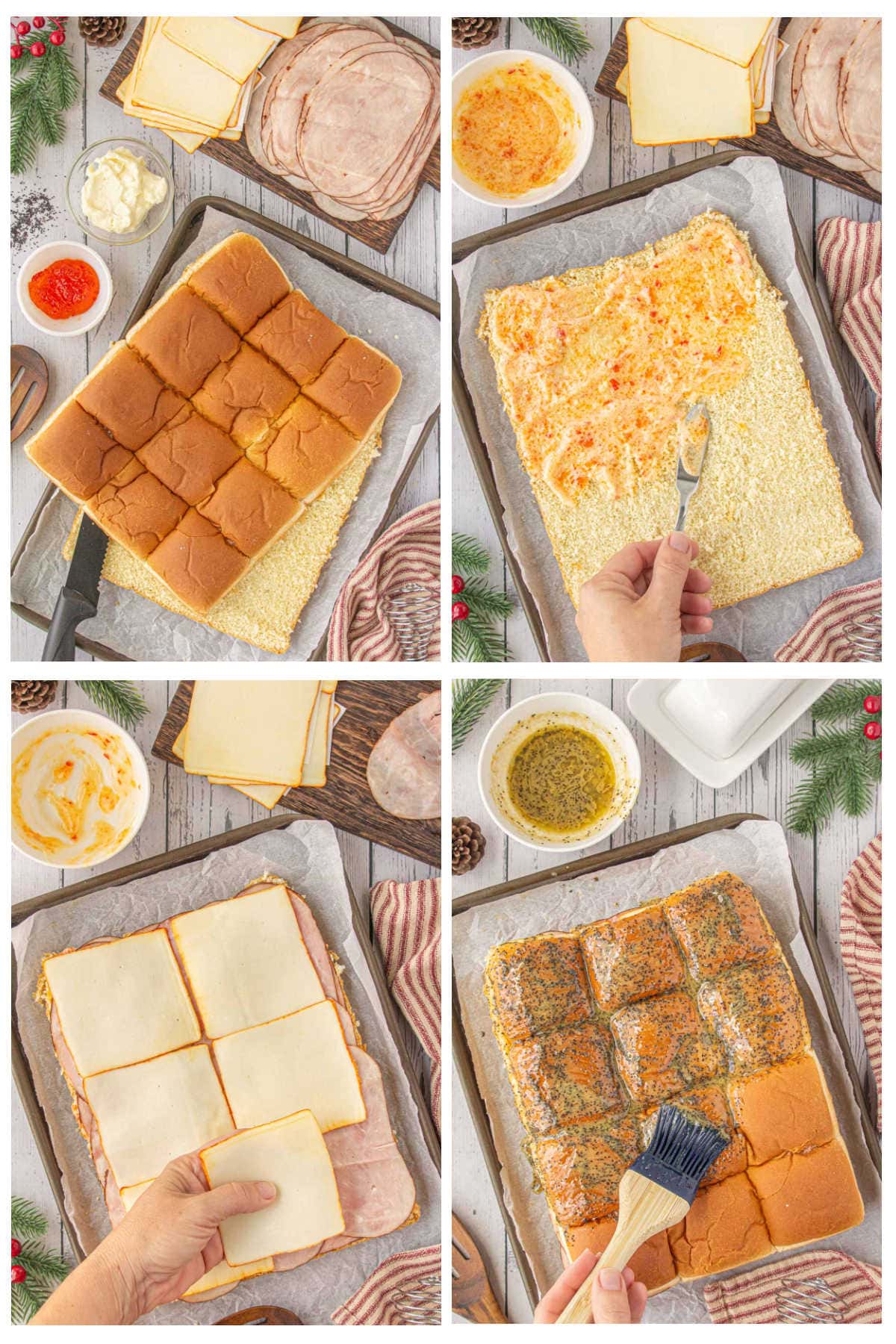 Step by step images showing how to assemble the Kings Hawaiian hot ham and cheese sliders.