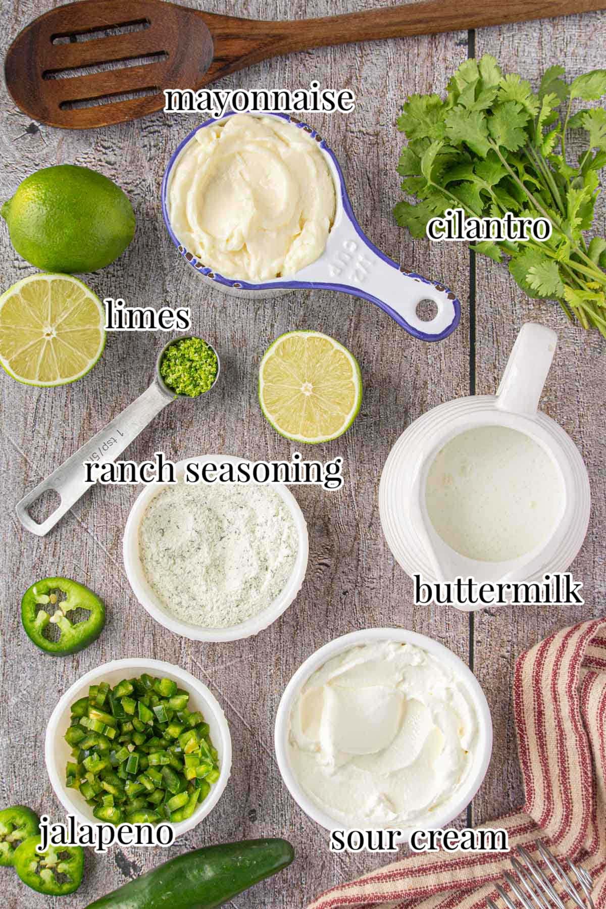 Labeled ingredients for this homemade ranch dressing with jalapeno.