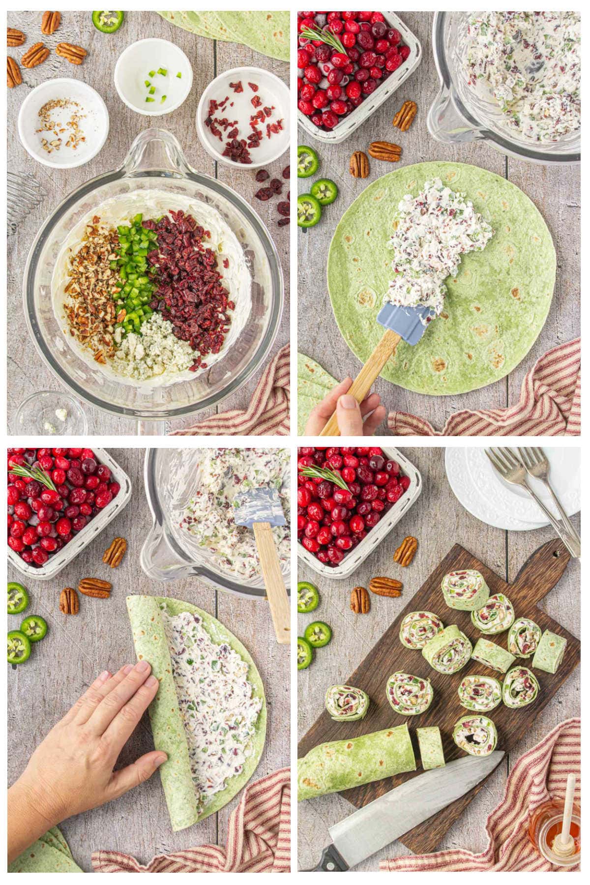 step by step instructions for making the filling, rolling, and cutting the cranberry pinwheel appetizers.