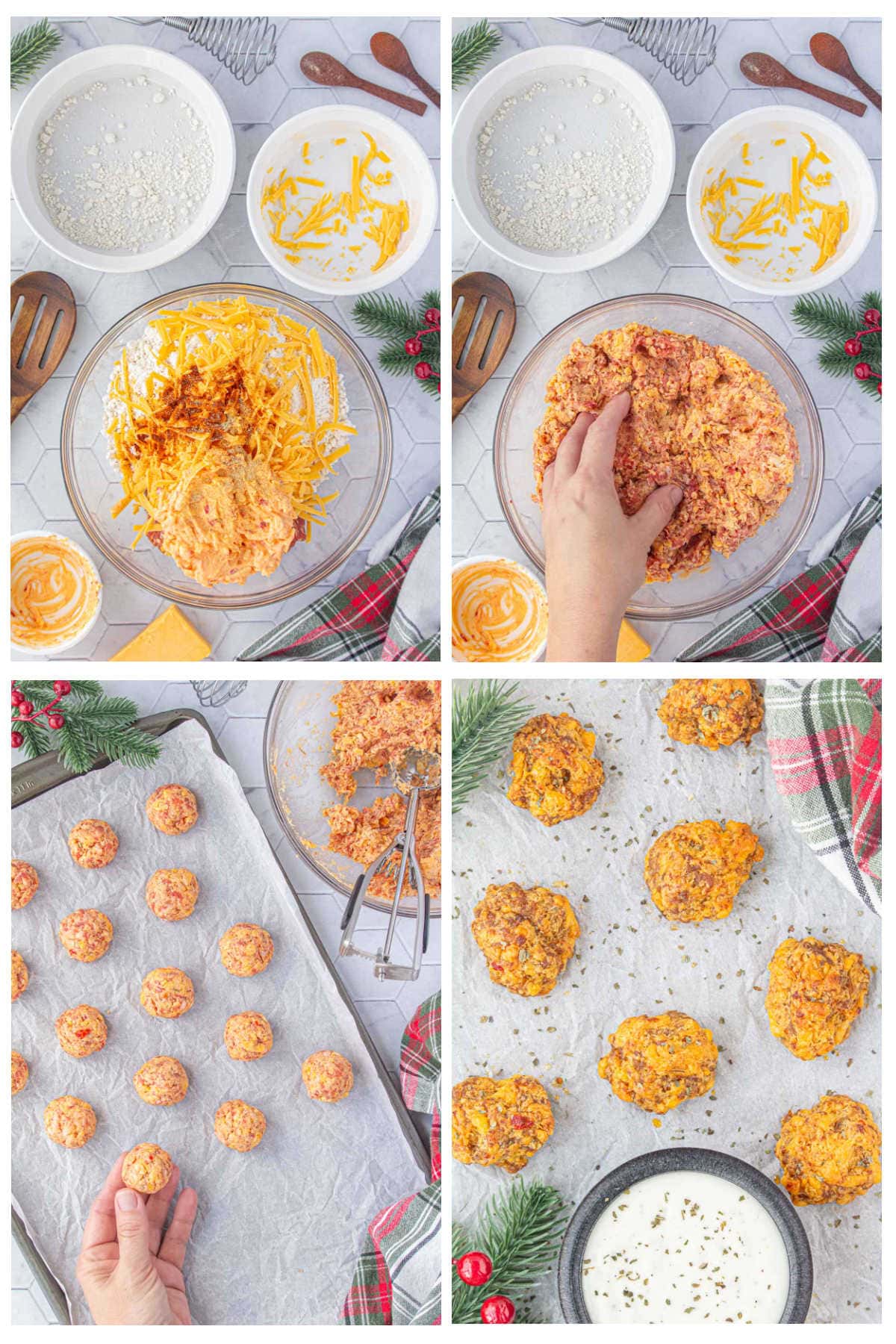 4 images showing the steps of adding the ingredients to a bowl, mixing them up, forming the balls, and serving the baked pimento cheese sausage balls.