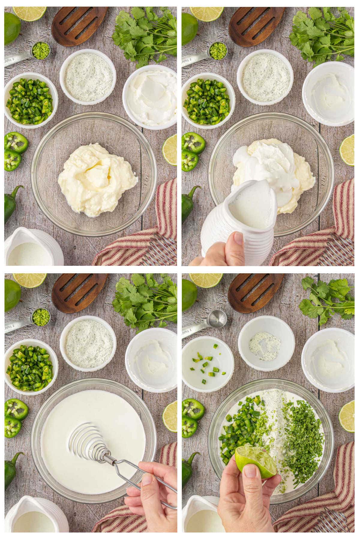 Step by step images showing how to make the dip - step 1 add  mayon to the bowl. 2. Add the buttermilk and sour cream. 3 Blend together. 4. Add remaining ingredients.
