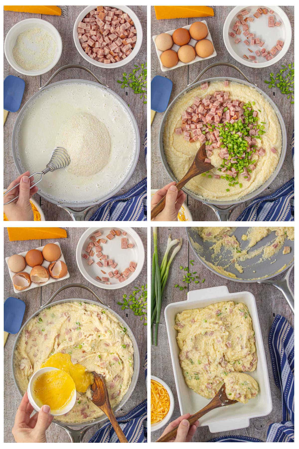 Collate of four step by step images showing how to make this cheesy Southern casserole. (1) Cook the grits in milk and chicken stock. (2) Stir in the cheese, ham, and green onions. (3) Stir in beaten eggs. (4) Add to a casserole dish.