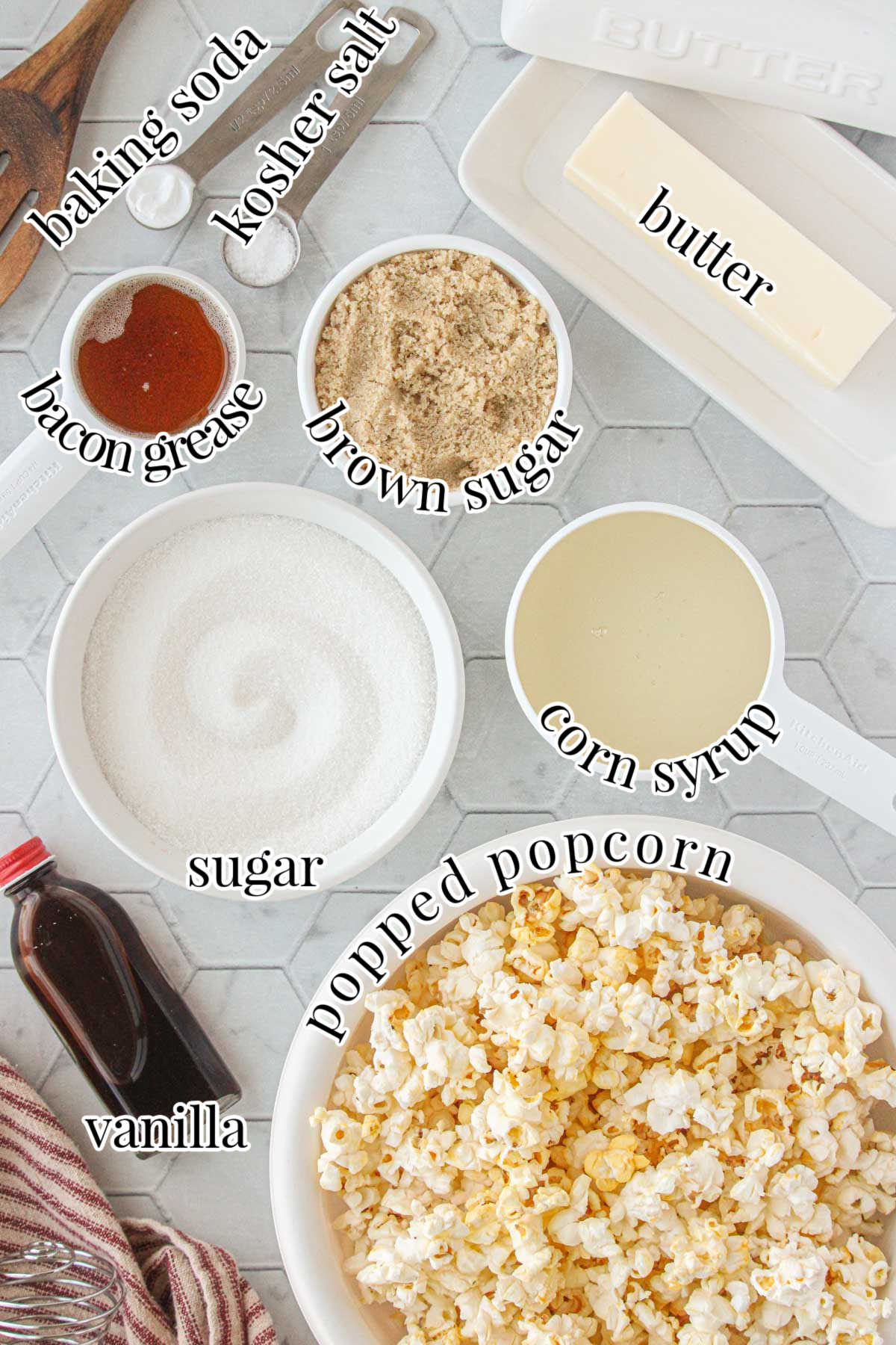 Labeled ingredients for caramel corn include popped corn, corn syrup, butter, bacon grease, sugar, brown sugar, vanilla, baking soda, salt