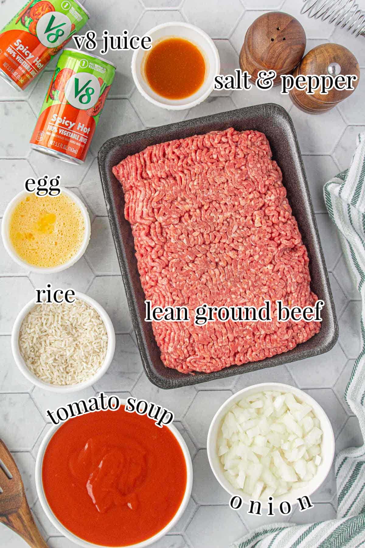 The ingredients needed for crockpot porcupine meatballs laid out on a counter.