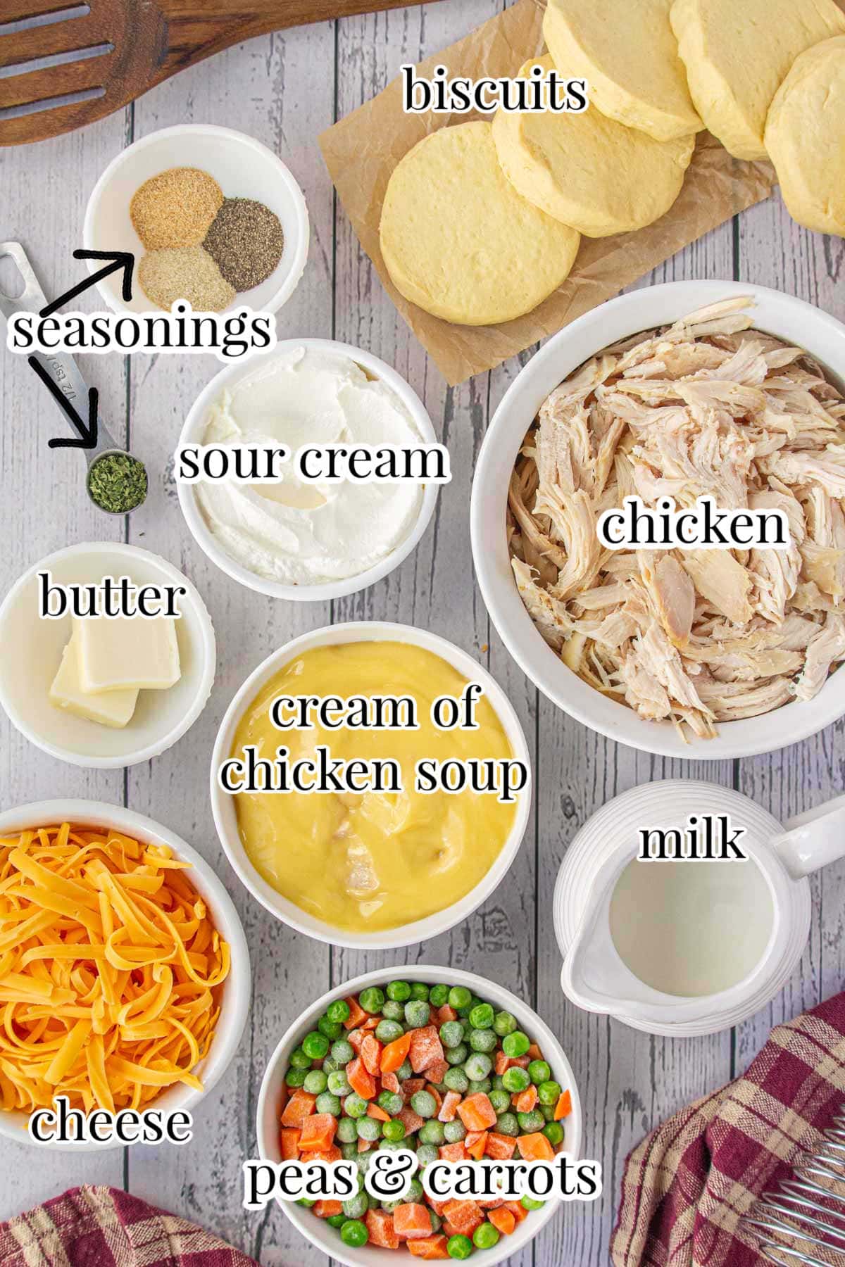 Overhead view of labeled ingredients for freezer-friendly chicken and gravy casserole, including shredded chicken, biscuits, cream of chicken soup, sour cream, cheddar cheese, peas and carrots, butter, milk, and seasonings.