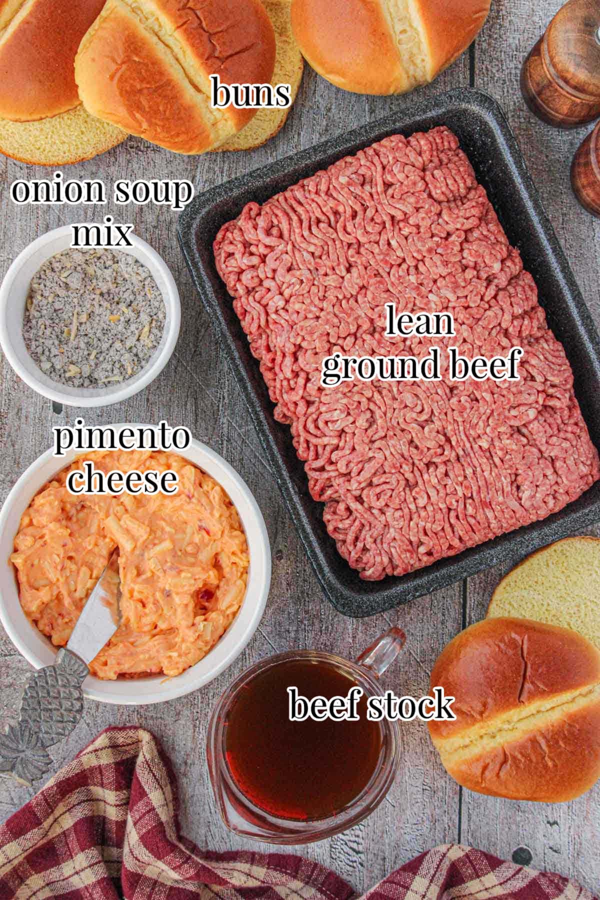 Labeled ingredients for the pimento cheese stuffed burget include beef stock, onion soup mix, pimento cheese, lean ground beef, and burger buns.