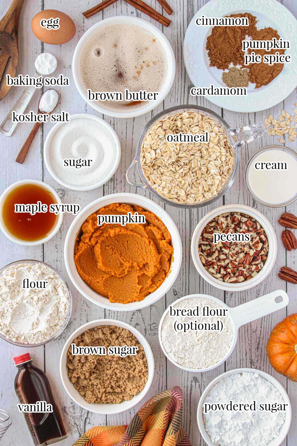 Labeled ingredients for oatmeal pumpkin cookies include pumpkin, maple syrup, oatmeal, pecans, brown butter, and spices.