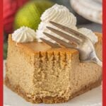 “Slice of gingerbread cheesecake topped with whipped cream swirls on a holiday plate, with text overlay reading ‘Gingerbread Cheesecake – Spice, Cream, & Christmas Dreams.’”