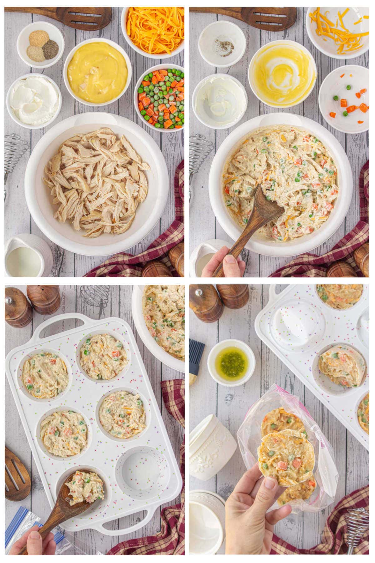 Step-by-step collage showing how to make freezer-friendly chicken and gravy casserole: shredded chicken with ingredients, mixed filling, portioned into jumbo muffin tin, and frozen portions bagged for storage.