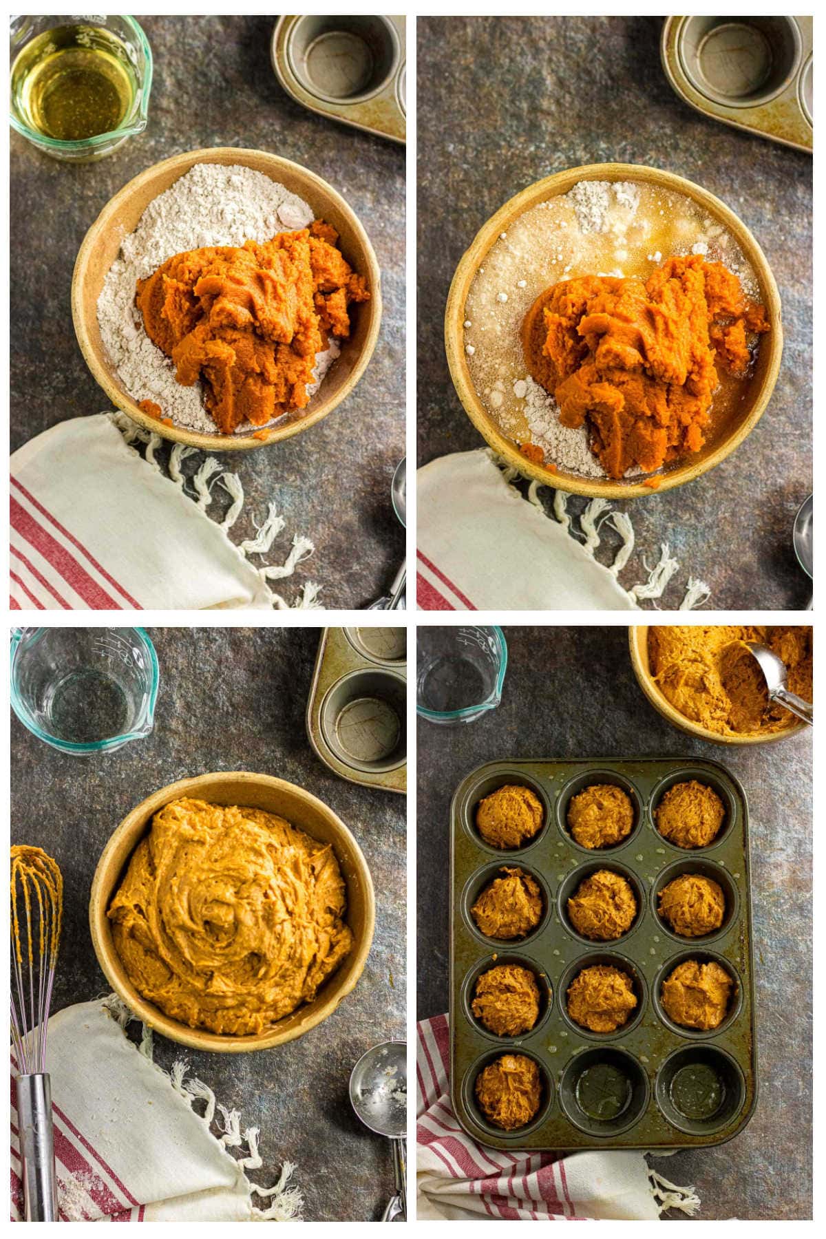 Step by step images showing how to make 3 ingredient pumpkin muffins.