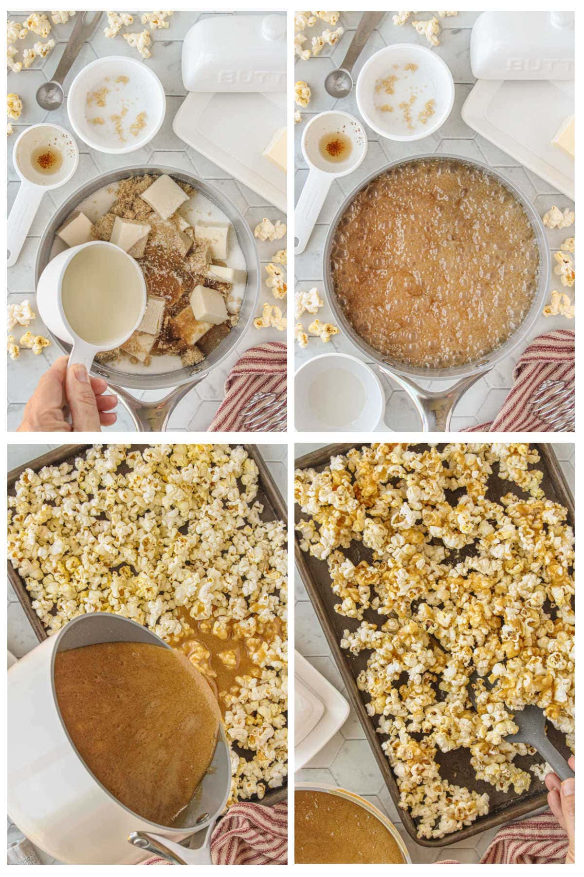 “Step-by-step collage showing how to make homemade caramel corn: melting butter, sugar, and corn syrup in a saucepan, boiling the caramel mixture, pouring it over popcorn on a baking sheet, and stirring to coat the popcorn evenly.”