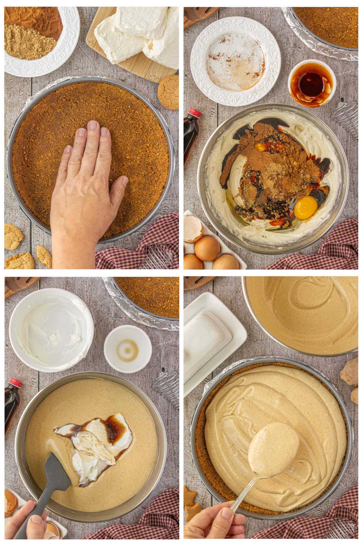 “Step-by-step collage showing how to make gingerbread cheesecake: pressing gingersnap crust into a springform pan, mixing cream cheese with eggs, sugar, spices, and molasses, folding in sour cream and vanilla, and spreading the spiced cheesecake batter into the crust.”