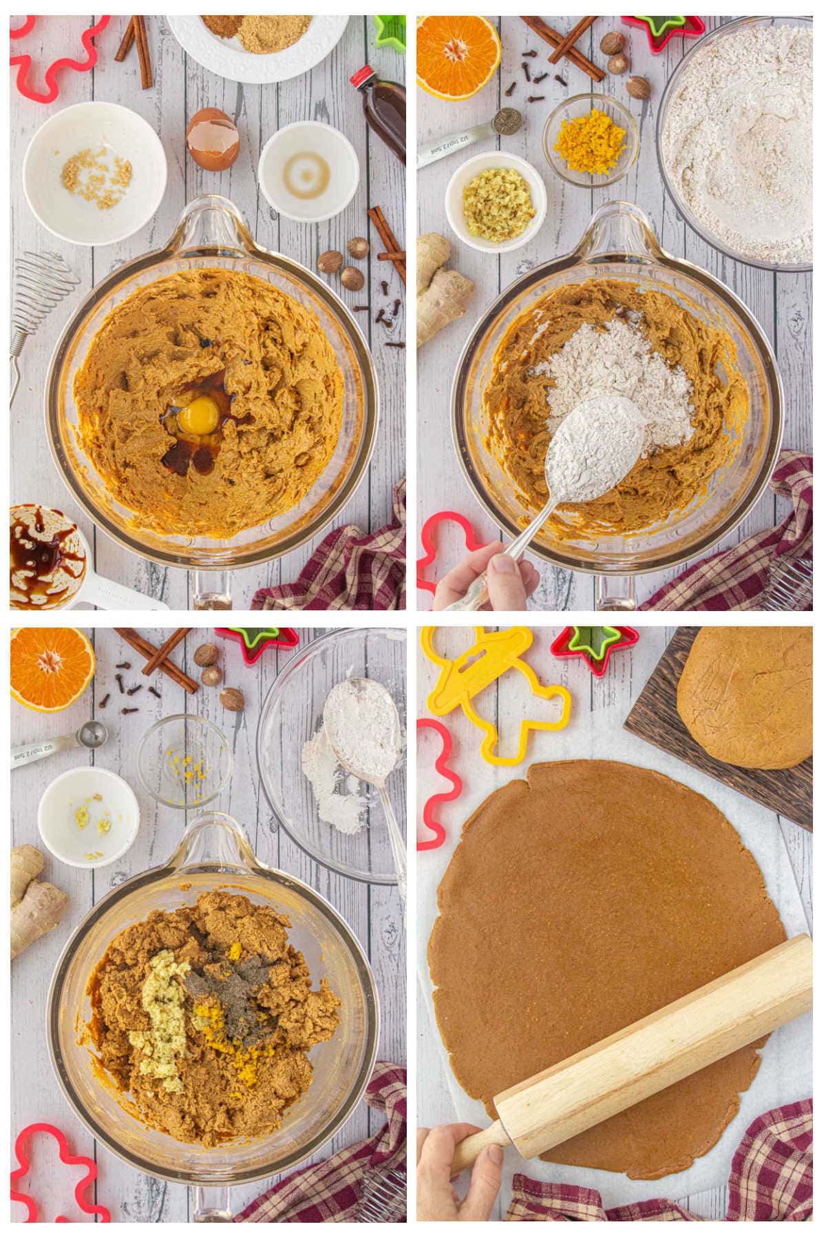 Step-by-step collage showing how to make gingerbread cut-out cookies for Christmas: mixing dough with eggs and molasses in a bowl, adding flour and spices, incorporating orange zest and fresh ginger, then rolling the dough flat with a rolling pin next to cookie cutters.

