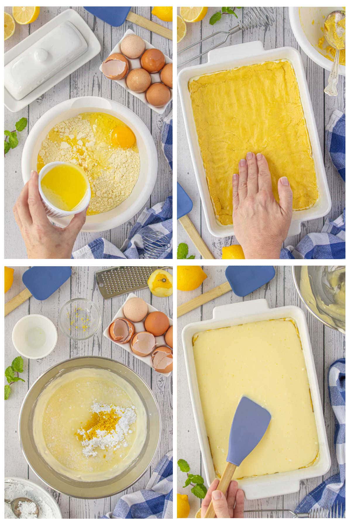 Step by step images showing how to make lemon chess bars from adding melted butter to the cake mix, patting the dough into the pan, mixing up the cream cheese filling and adding it to the pan.
