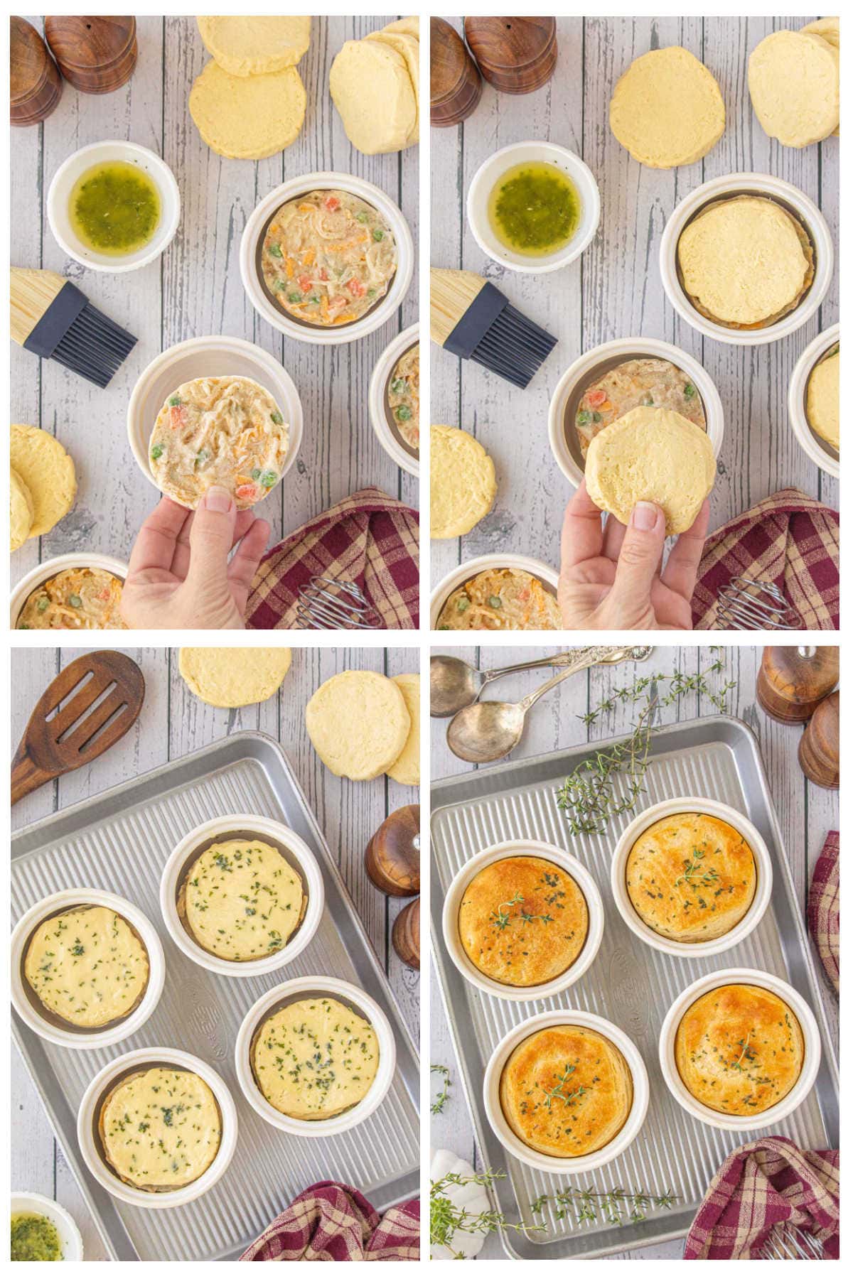Step-by-step collage showing how to bake chicken and gravy casserole: placing frozen filling into ramekins, topping with refrigerated biscuits, brushing with butter, and baking until golden brown.