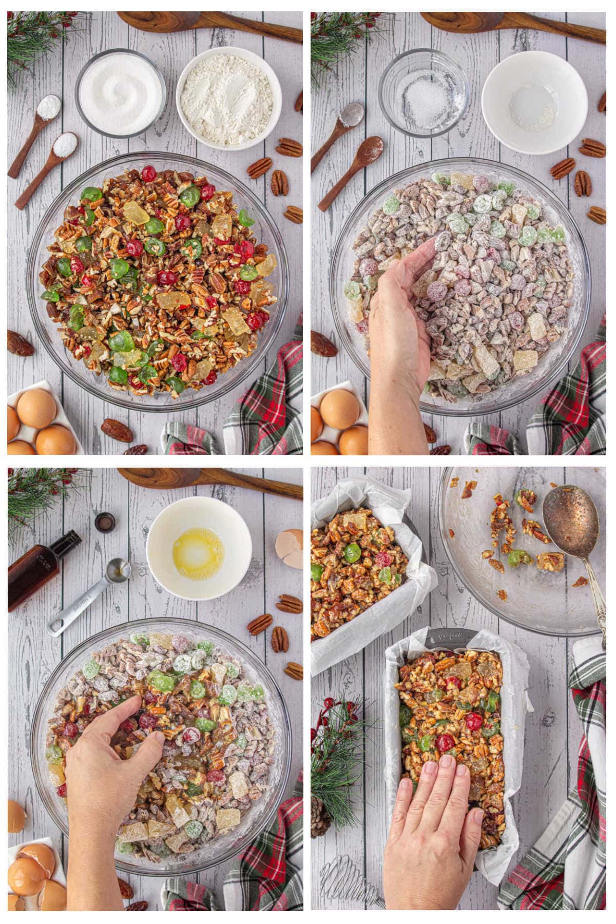Step-by-step collage showing how to make old-fashioned fruitcake: chopped candied fruit and pecans in a bowl, mixing with flour and sugar, adding eggs and vanilla, and pressing the sticky mixture into parchment-lined loaf pans.