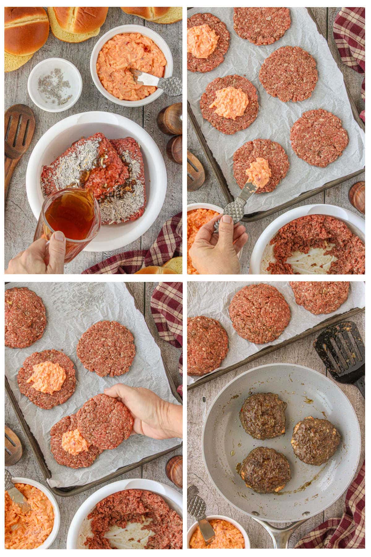 Step by step images showing how to make this easy pimento cheese stuffed burger recipe.