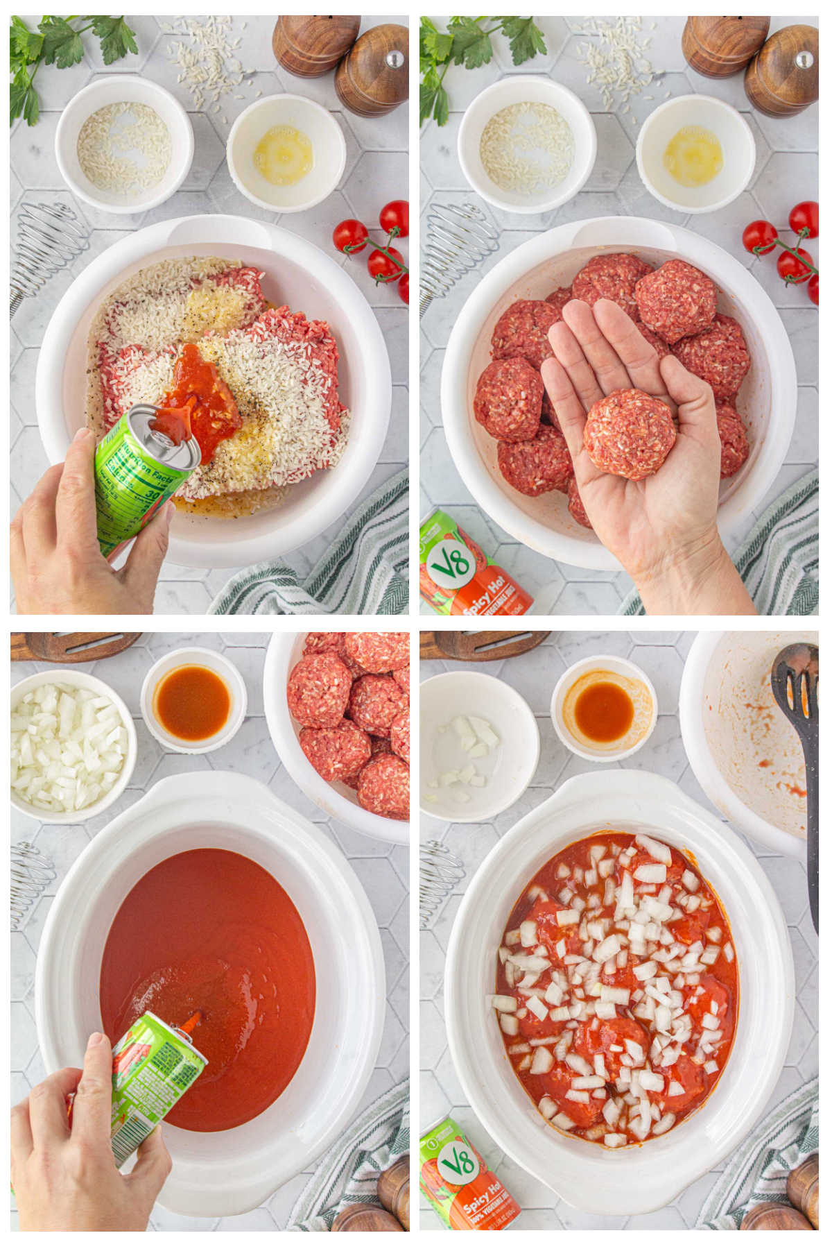 Step by step images showing how to make porcupine meatballs in the crockpot.