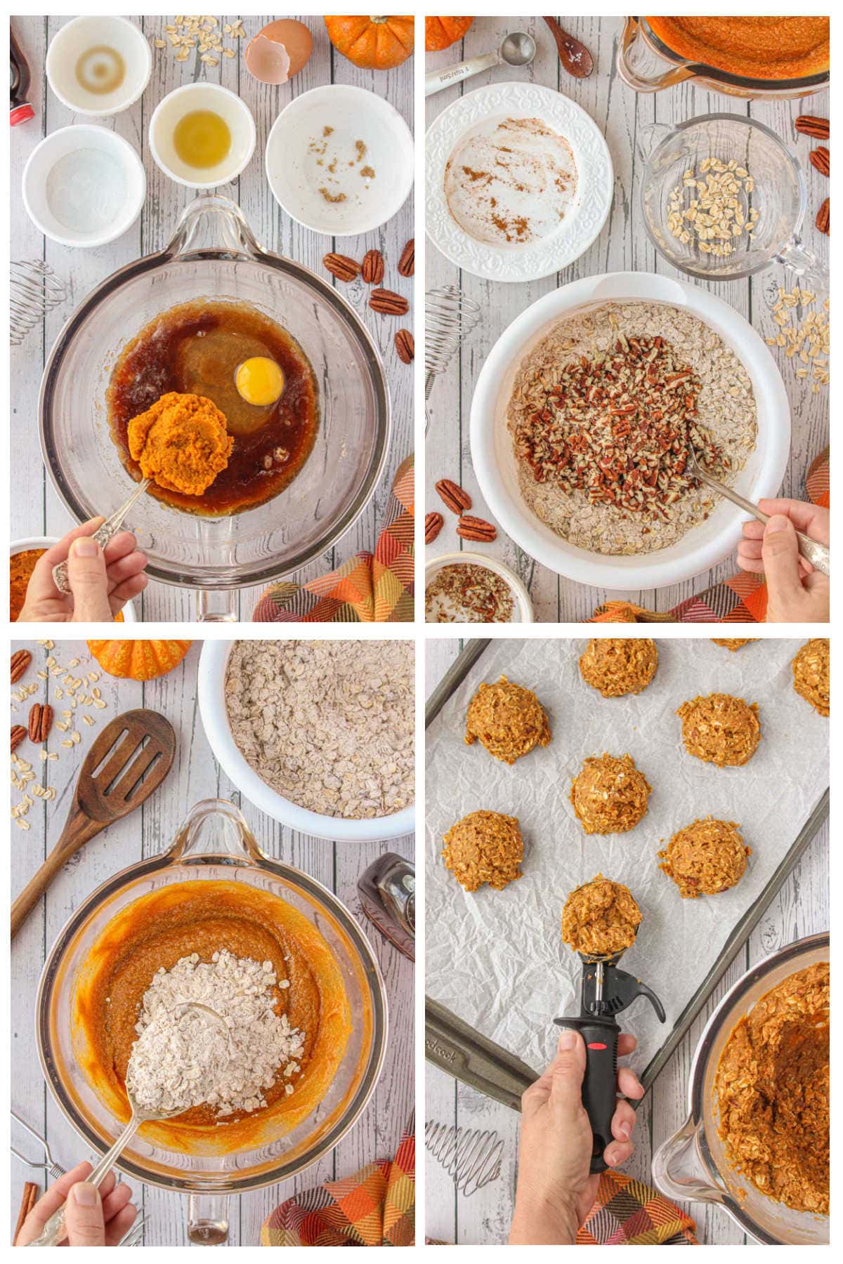 Step-by-step collage showing how to make pumpkin oatmeal cookies: mixing pumpkin, egg, and sugar in a bowl, combining oats and pecans, stirring dry and wet ingredients together, and scooping cookie dough onto a baking sheet.