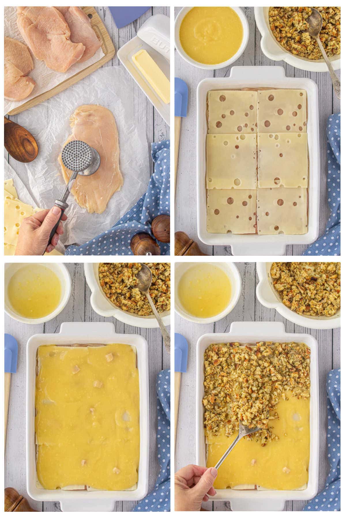 Step-by-step collage showing how to make chicken swiss cheese stuffing casserole: raw chicken breast being pounded thin, chicken layered in a baking dish with swiss cheese slices, soup mixture poured over the top, and prepared stuffing spread evenly before baking.