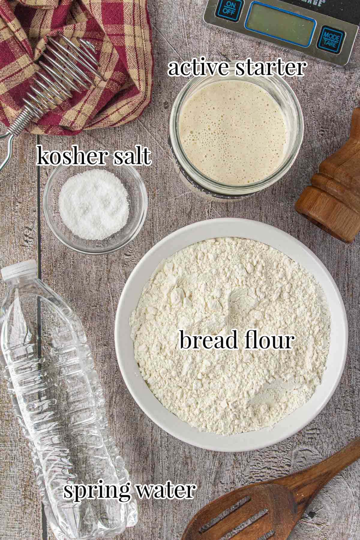 Labeled ingredients for sourdough bread on a table include bread flour, salt, water, and active starter.