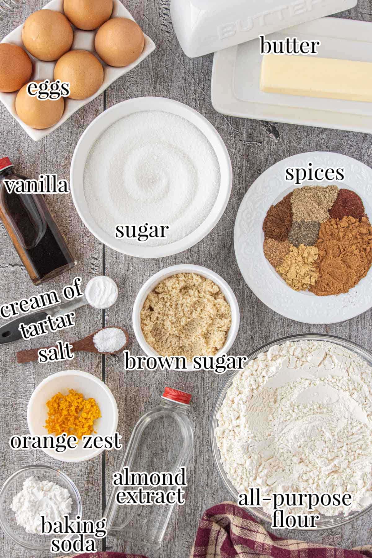Baking ingredients for chai snickerdoodles arranged on a rustic gray surface, including bowls of flour, sugar, brown sugar, spices, orange zest, eggs, vanilla, and baking essentials, each labeled with text overlays.