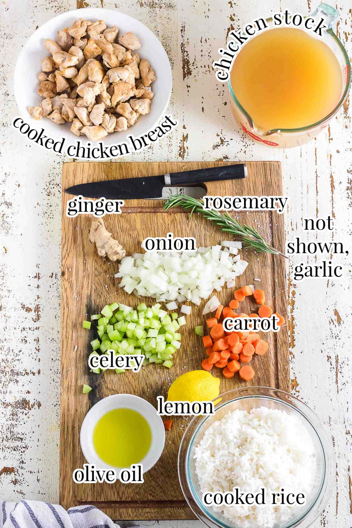 Ingredients for the ginger chicken and rice soup include rice, ginger, chicken, chicken stock, carrot, onion, celery, lemon, olive oil, and rosemary.
