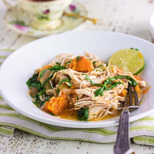 Closeup of chicken and sweet potato stew in a white bowl with a fork in it.