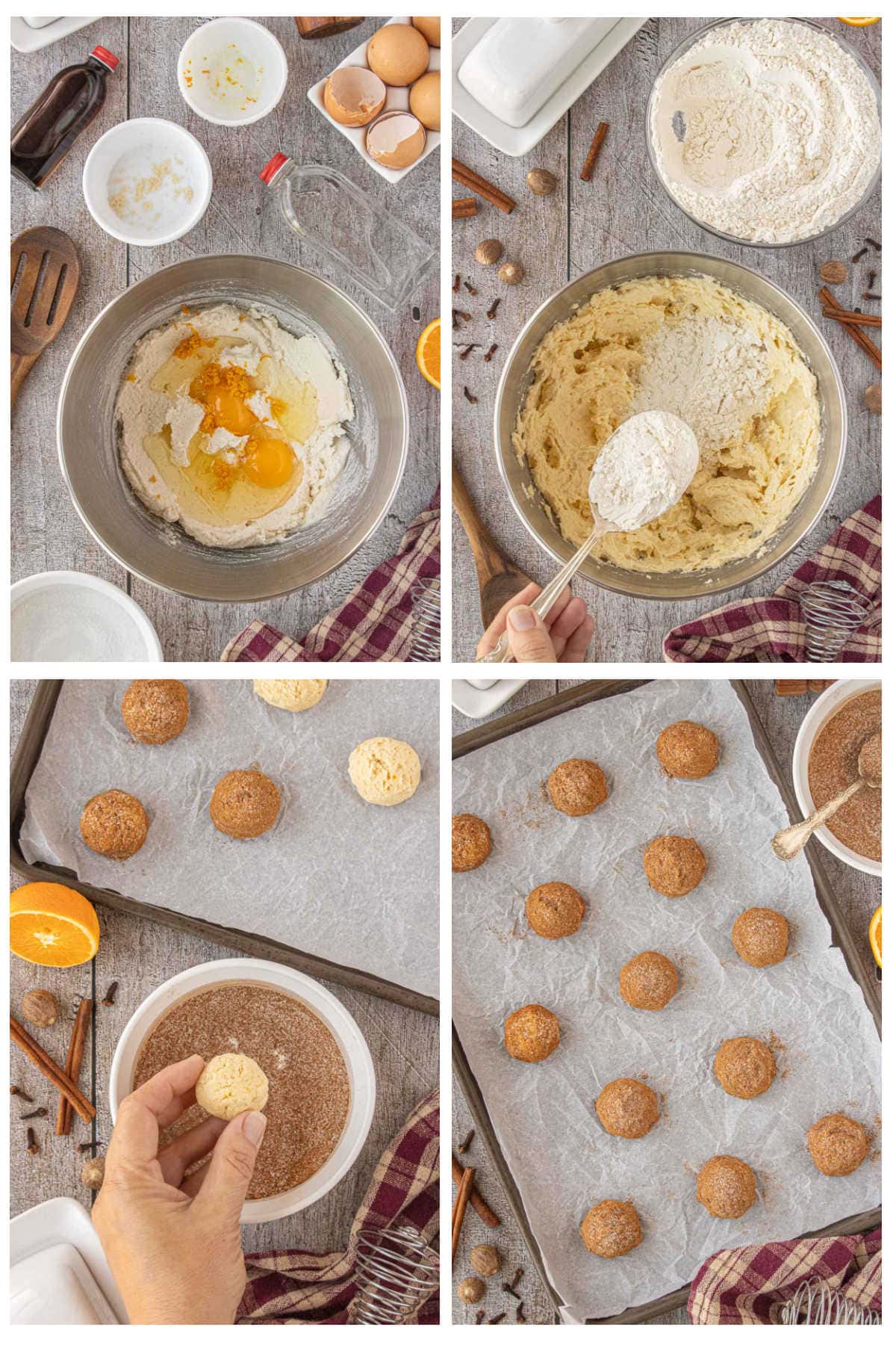 Four-step collage showing how to make chai snickerdoodles: eggs and zest added to butter and sugar in a bowl, flour being mixed in, cookie dough balls rolled in cinnamon sugar, and coated dough balls spaced on a baking sheet.