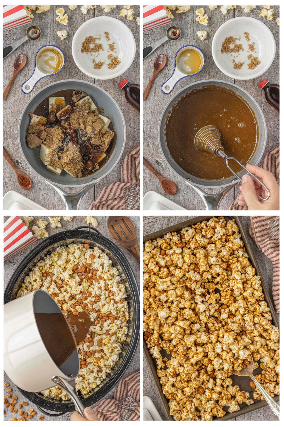 Step-by-step collage showing how to make homemade Cracker Jack popcorn — melting butter and brown sugar with molasses, stirring the caramel mixture, pouring it over popcorn and peanuts, and baking it until crisp.