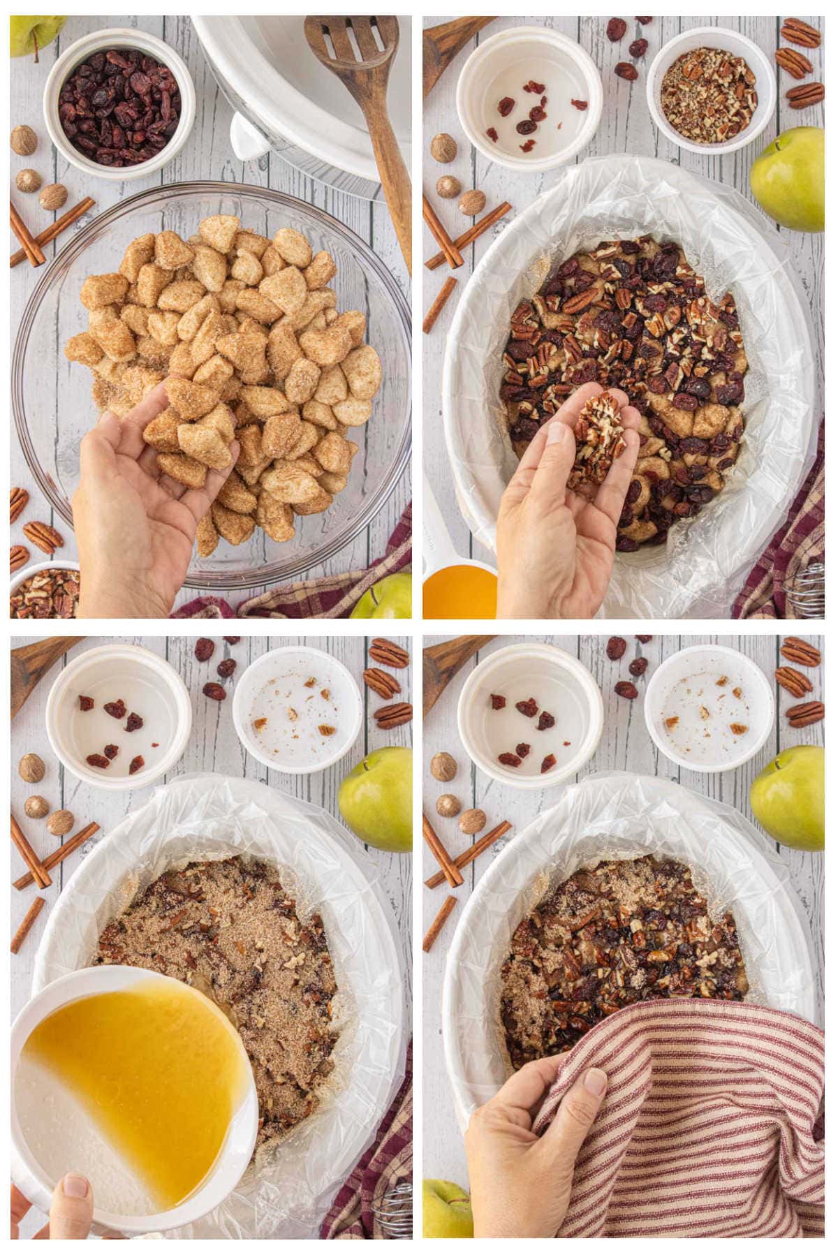 Step-by-step collage showing how to make crockpot monkey bread for Christmas-rolling cinnamon-sugar dough pieces, layering with pecans and cranberries in a slow cooker, pouring melted butter on top, and covering before cooking.