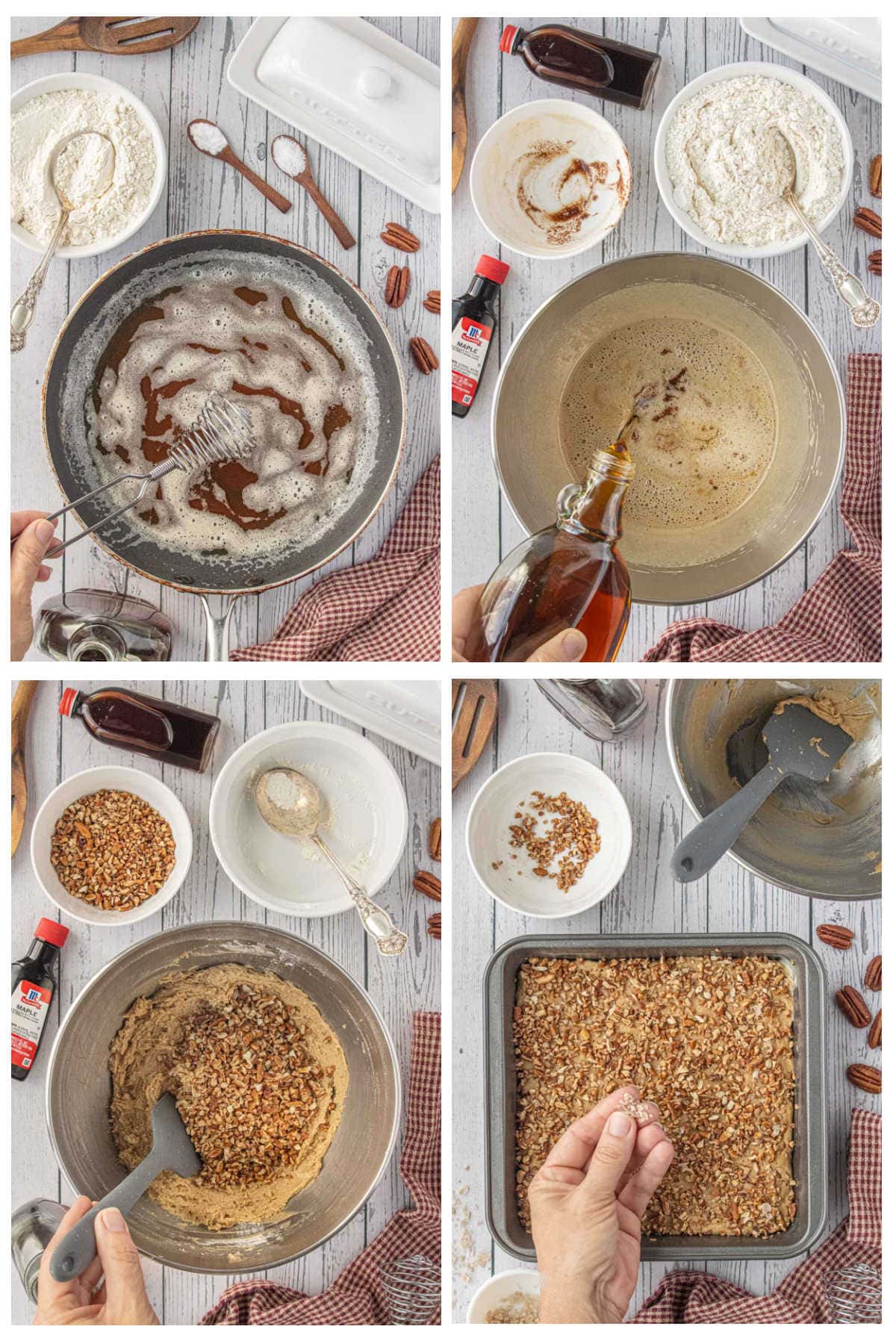 Four-step process showing how to make maple pecan blondies: Brown butter melting in a pan with a whisk. Pouring maple syrup into a bowl of mixed wet ingredients. Mixing flour and chopped pecans into the blondie batter. Spreading batter in a baking pan and sprinkling pecans and smoked salt on top before baking.