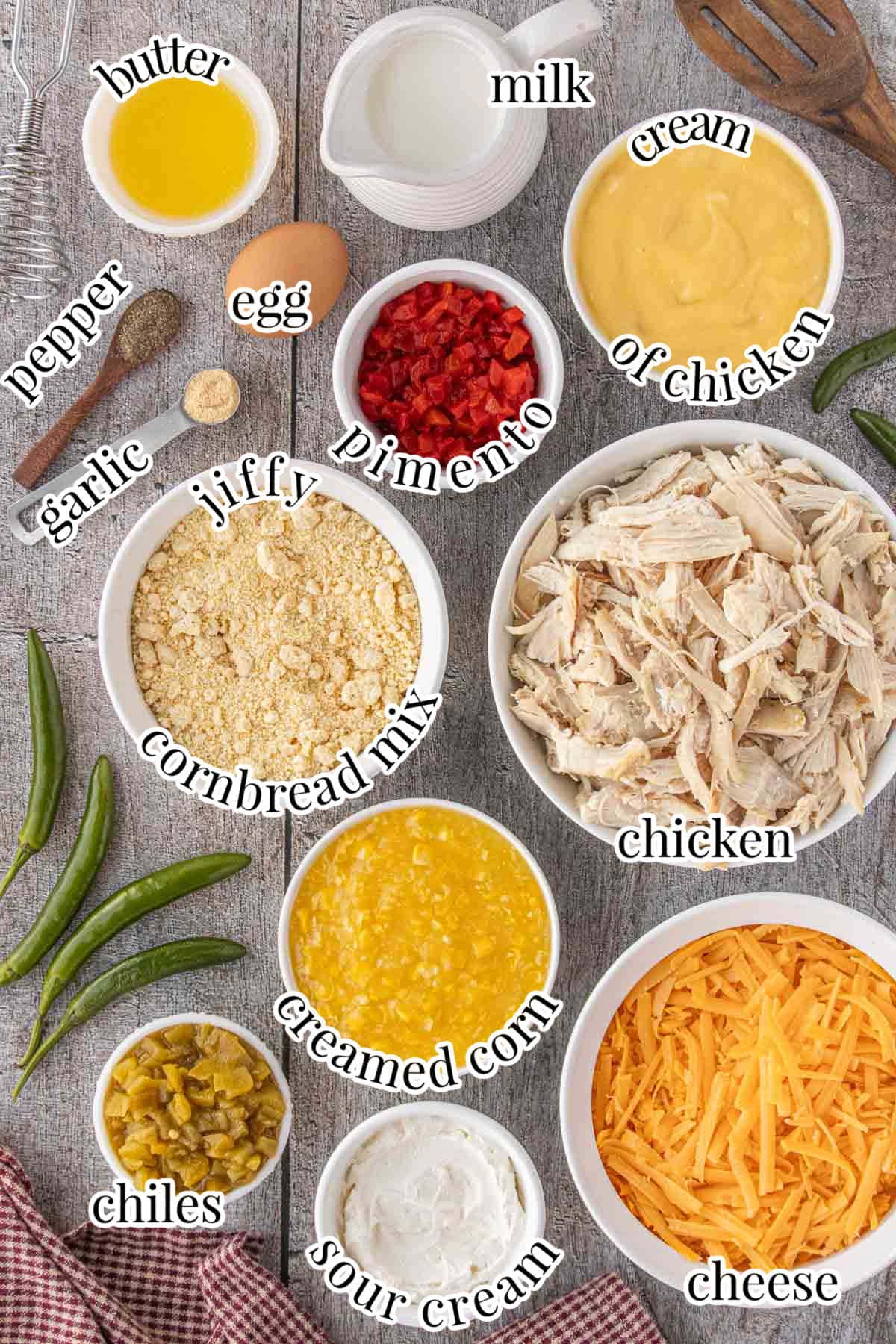 Overhead view of the ingredients for cheesy chicken and chile cornbread casserole arranged on a wooden surface, including shredded chicken, cheddar cheese, Jiffy cornbread mix, creamed corn, canned chiles, pimento, sour cream, cream of chicken soup, milk, melted butter, an egg, garlic powder, and black pepper.