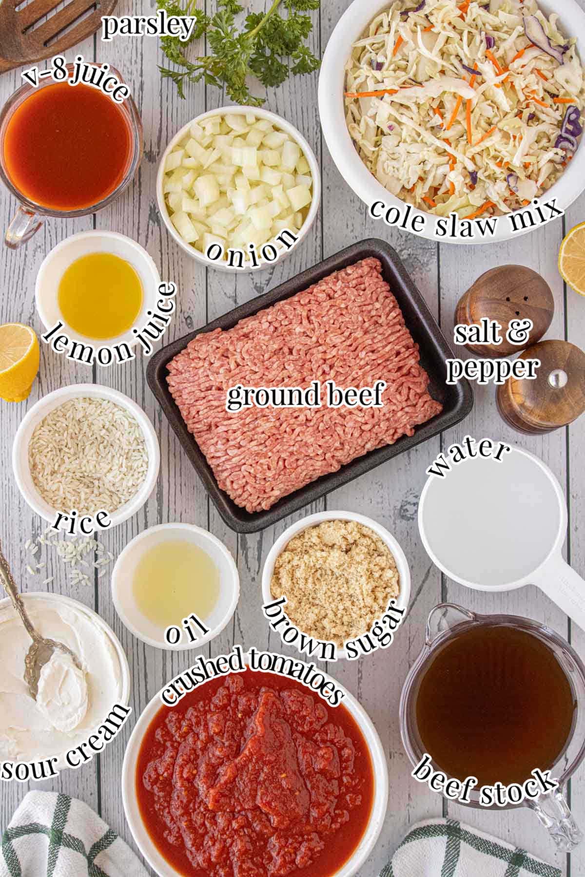 Labeled overhead layout of cabbage roll soup ingredients including ground beef, cole slaw mix, onions, crushed tomatoes, rice, beef stock, lemon juice, V-8 juice, brown sugar, sour cream, water, oil, parsley, and salt and pepper.