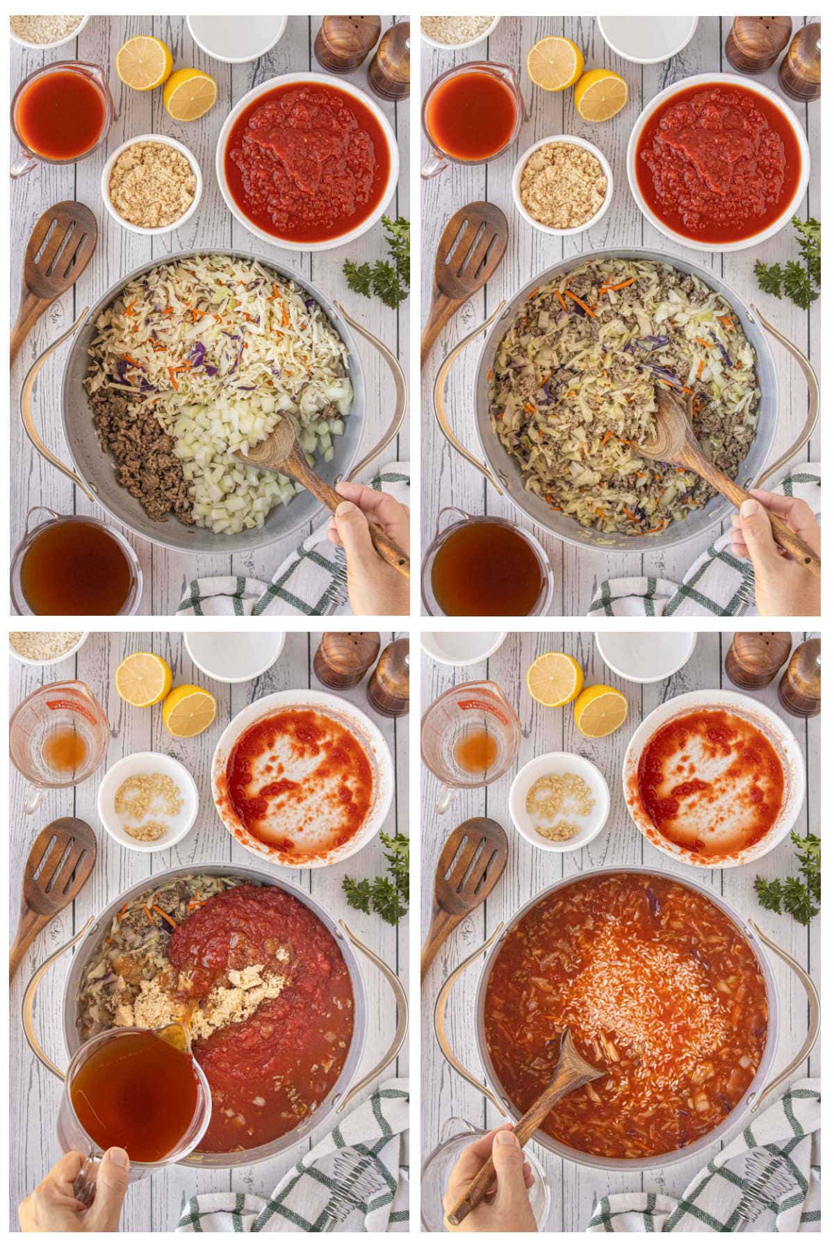 A four-step collage showing how to make cabbage roll soup: cooking ground beef, onions, and cole slaw mix in a pot; stirring until softened; adding crushed tomatoes and brown sugar; pouring in broth and rice before simmering.