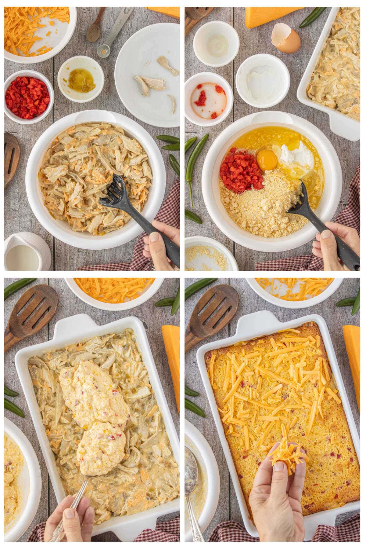 Four-step collage showing how to make cheesy chicken and chile cornbread casserole. Top left: shredded chicken mixed with cheese in a bowl. Top right: cornbread mix, egg, pimentos, sour cream, and butter being combined in another bowl. Bottom left: cornbread mixture being spooned over the chicken layer in a baking dish. Bottom right: baked cornbread topping in the dish with extra shredded cheese being added on top.
