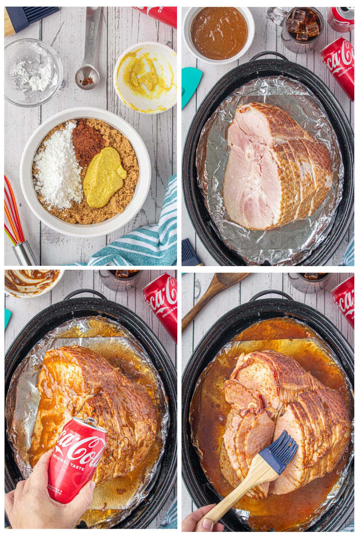 Step-by-step collage showing how to make Southern Coca-Cola glazed ham: mixing brown sugar, mustard, cornstarch, and chipotle for the glaze; placing a spiral-cut ham in a foil-lined roasting pan; pouring Coca-Cola over the ham; and basting the caramelized slices as it roasts.