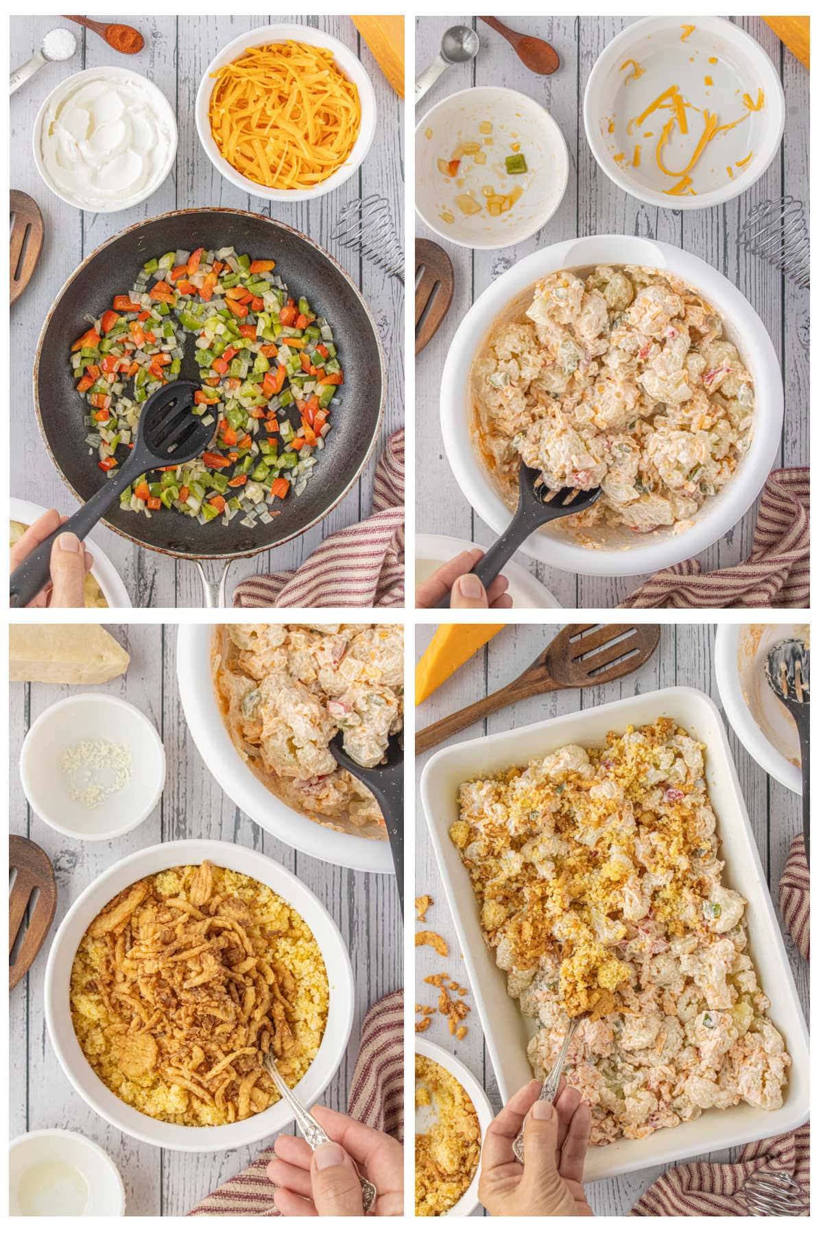 Step-by-step process showing how to make cauliflower casserole — sautéing peppers and onions, mixing creamy cauliflower, and topping with cornbread crumbs and crispy onions before baking.