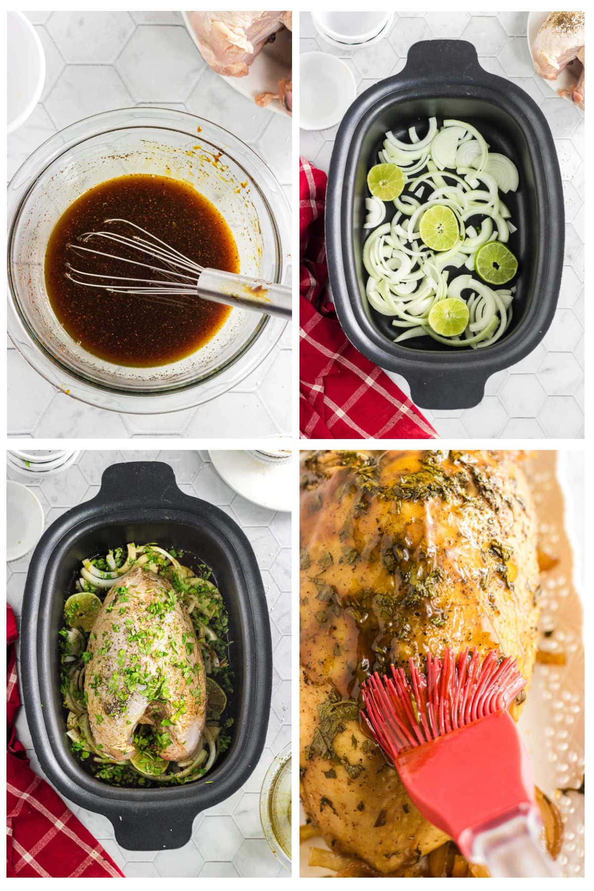 Step-by-step collage showing how to make slow cooker turkey breast. The first image shows a whisk in a bowl of chipotle citrus marinade. The second image has sliced onions and lime halves layered in the bottom of a slow cooker. The third shows a seasoned turkey breast placed on top of the onions with herbs and marinade. The final image captures the cooked turkey breast being brushed with sauce for a glossy, flavorful finish.